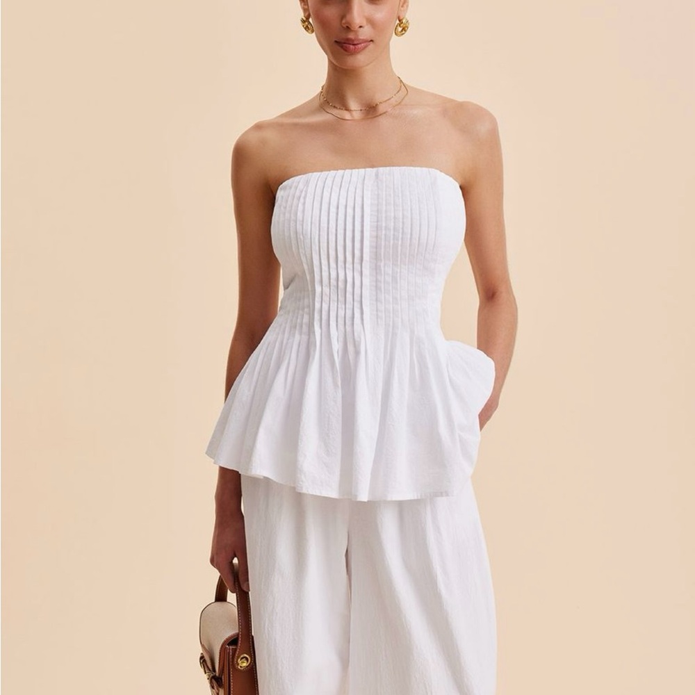 Commense Cotton Pleated Strapless Peplum Top